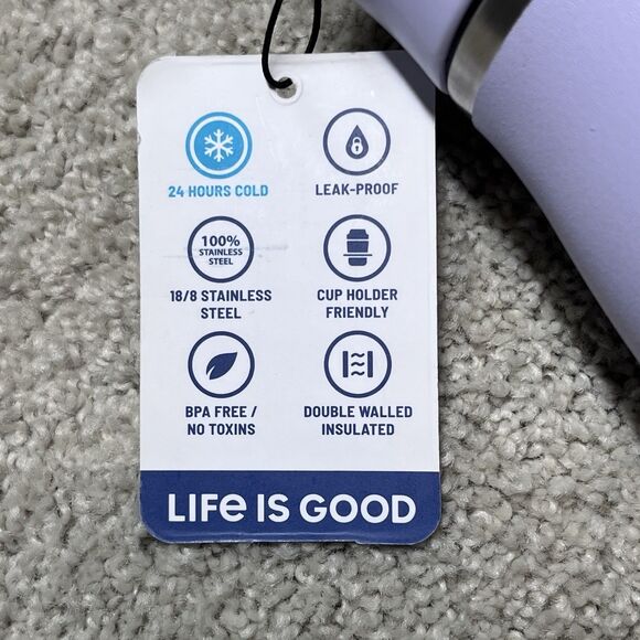 NWT Life is Good Stainless Steel 14 oz Water Bottle Purple Flip Flops Straw New - Picture 6 of 11
